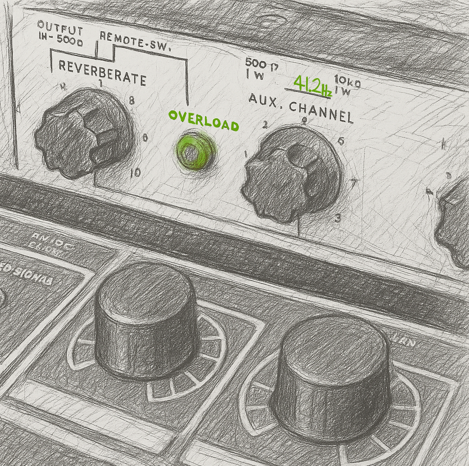 A black and white sketch drawing of a Grampian spring reverb, with overload alert in green