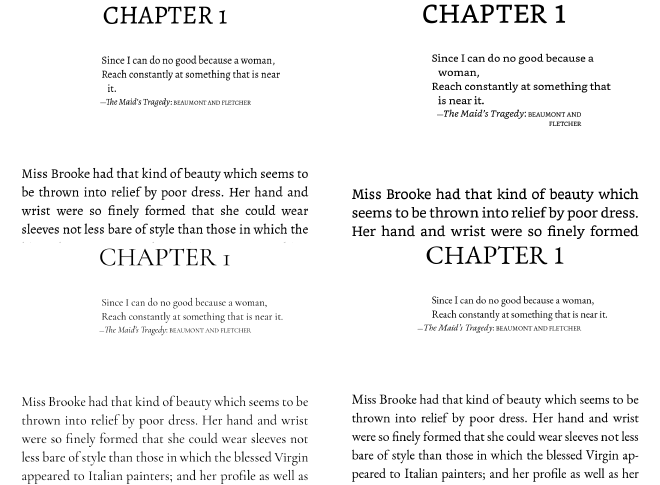 Bookerly (top right) vs. Alegreya(top left), EB Garamond (lower right) and Cormorant Garamond (lower left)